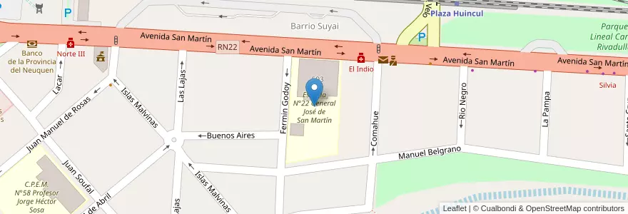 Mapa de ubicacion de Escuela N°22 General José de San Martín en آرژانتین, شیلی, استان نئوکن, Departamento Confluencia, Municipio De Plaza Huincul, Plaza Huincul.