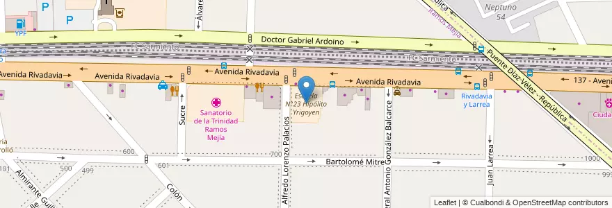 Mapa de ubicacion de Escuela N°23 Hipólito Yrigoyen en アルゼンチン, ブエノスアイレス州, Partido De La Matanza, Ramos Mejía.