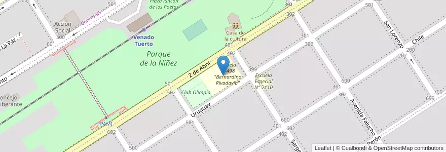 Mapa de ubicacion de Escuela N°498 "Bernardino Rivadavia" en 阿根廷, Santa Fe, Departamento General López, Municipio De Venado Tuerto.