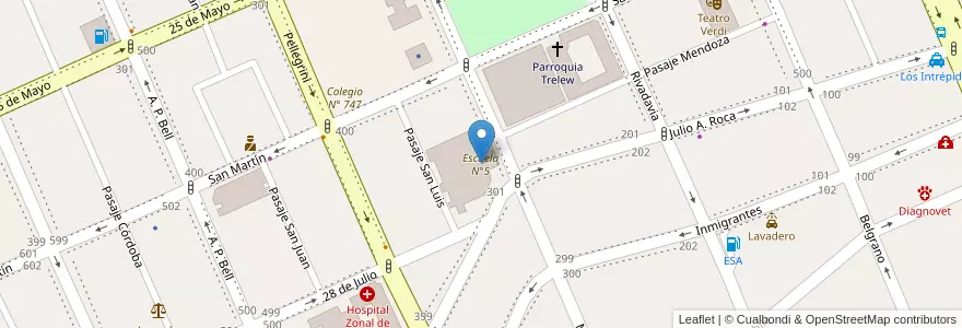 Mapa de ubicacion de Escuela N°5 en الأرجنتين, شوبوت, Trelew, Departamento Rawson.