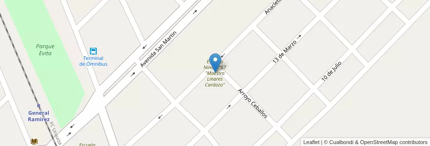 Mapa de ubicacion de Escuela Nina N°57 "Maestro Linares Cardozo" en アルゼンチン, エントレ・リオス州, Departamento Diamante, Distrito Isletas, General Ramírez.