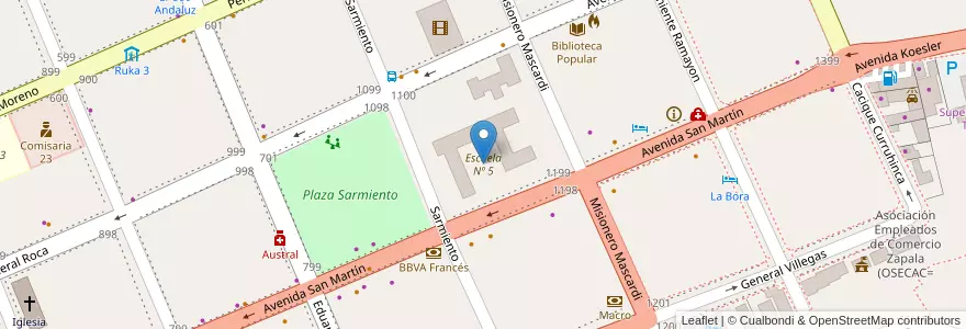 Mapa de ubicacion de Escuela Nº 5 en Argentina, Cile, Provincia Di Neuquén, Departamento Lácar, Municipio De San Martín De Los Andes, San Martín De Los Andes.