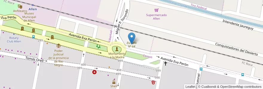 Mapa de ubicacion de Escuela Nº 64 en Argentina, Chile, Río Negro, Municipio De Allen, Departamento General Roca.