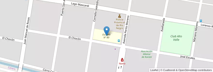 Mapa de ubicacion de Escuela Nº 80 en アルゼンチン, チリ, リオネグロ州, Municipio De Allen, Departamento General Roca.