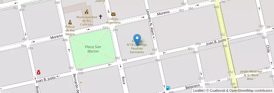 Mapa de ubicacion de Escuela Nº18 Domingo Faustino Sarmiento en アルゼンチン, リオネグロ州, Departamento Pichi Mahuida, Río Colorado.