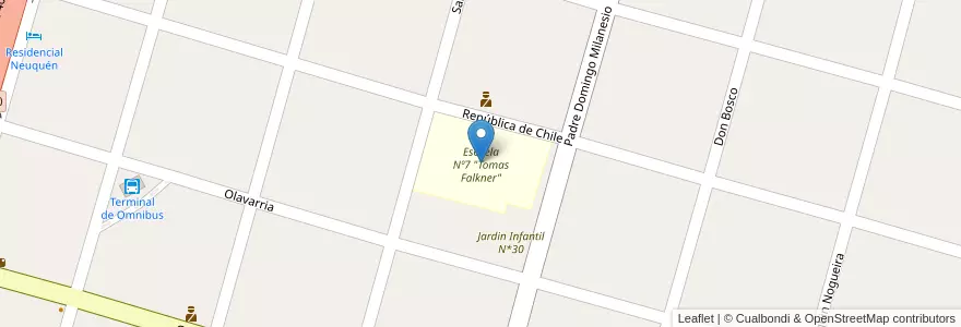 Mapa de ubicacion de Escuela Nº7 "Tomas Falkner" en アルゼンチン, チリ, ネウケン州, Departamento Huiliches, Junín De Los Andes.