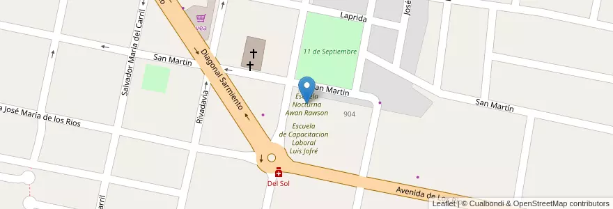 Mapa de ubicacion de Escuela Nocturna Awan Rawson en Argentina, San Juan, Cile, Caucete.