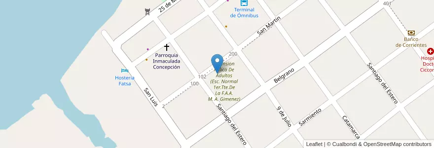 Mapa de ubicacion de Escuela Normal 1er.Tte.De La F.A.A. Miguel Angel Gimenez en アルゼンチン, コリエンテス州, Departamento San Cosme, Municipio De Paso De La Patria.