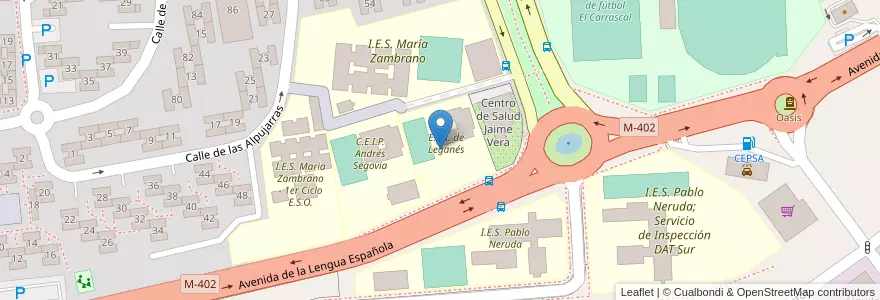 Mapa de ubicacion de Escuela Oficial de Idiomas de Leganés en 스페인, Comunidad De Madrid, Comunidad De Madrid, Área Metropolitana De Madrid Y Corredor Del Henares, Leganés.