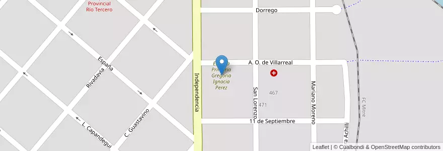 Mapa de ubicacion de Escuela Primaria Gregoria Ignacia Perez en 아르헨티나, Córdoba, Departamento Tercero Arriba, Municipio De Río Tercero, Pedanía Salto, Río Tercero.