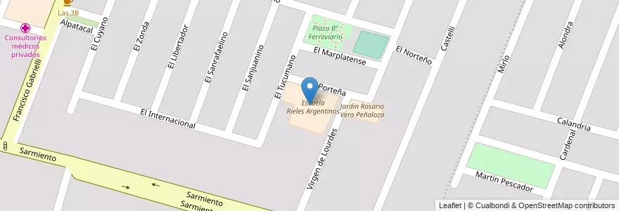 Mapa de ubicacion de Escuela Rieles Argentinos en Arjantin, Şili, Mendoza, Departamento Maipú, Distrito Luzuriaga, Maipú.