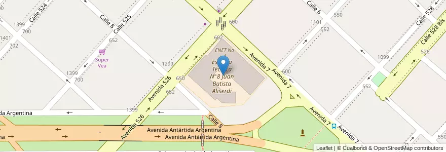 Mapa de ubicacion de Escuela Técnica N°8 Juan Batista Aliserdi, Tolosa en 아르헨티나, 부에노스아이레스주, Partido De La Plata, Tolosa.