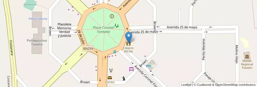 Mapa de ubicacion de Espacio INCAA en アルゼンチン, チリ, チュブ州, Departamento Futaleufú, Trevelin.