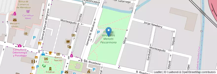 Mapa de ubicacion de Espacio Verde Luis Menotti Pescarmona en 아르헨티나, 칠레, Mendoza, Godoy Cruz, Departamento Godoy Cruz, Distrito Ciudad De Godoy Cruz.