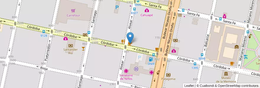 Mapa de ubicacion de Esquina Alvear en Arjantin, Santa Fe, Departamento Rosario, Municipio De Rosario, Rosario.