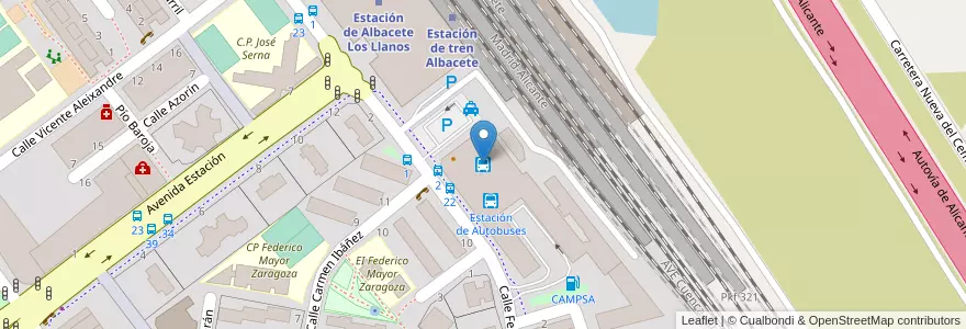 Mapa de ubicacion de Estación de autobuses en 스페인, Castilla-La Mancha, Albacete, Albacete.