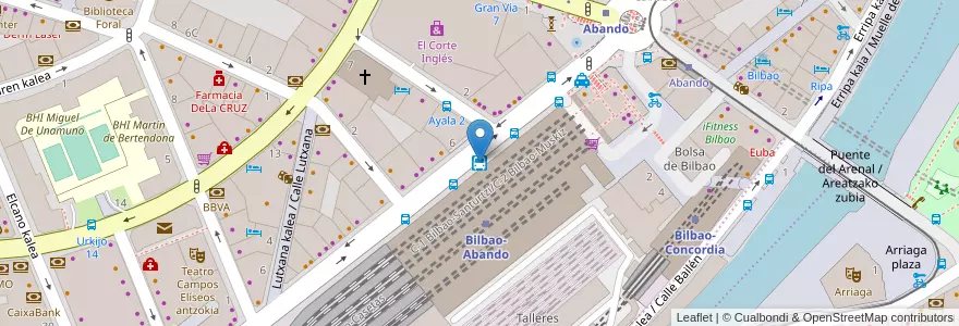 Mapa de ubicacion de Estación de Autobuses de Abando en İspanya, Bask Bölgesi, Bizkaia, Bilboaldea, Bilbao.
