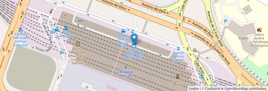 Mapa de ubicacion de Estación de autobuses de Zaragoza en 西班牙, Aragón, 萨拉戈萨, Zaragoza, 萨拉戈萨.