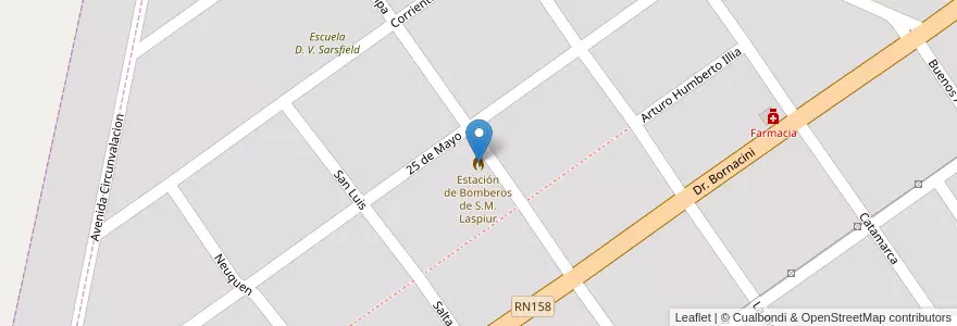Mapa de ubicacion de Estación de Bomberos de S.M. Laspiur en アルゼンチン, コルドバ州, Departamento San Justo, Pedanía Juárez Celman, Municipio De Saturninio María Laspiur, Saturnino M. Laspiur.