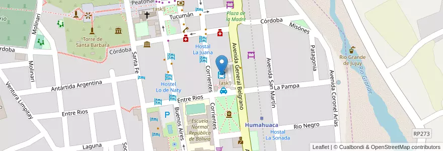Mapa de ubicacion de estación de bus en Аргентина, Жужуй, Departamento Humahuaca, Municipio De Humahuaca, Humahuaca.