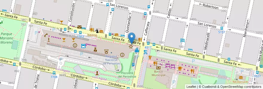 Mapa de ubicacion de Estación de Omnibus Mariano Moreno en アルゼンチン, サンタフェ州, Departamento Rosario, Municipio De Rosario, ロサリオ.