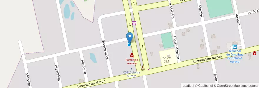 Mapa de ubicacion de Estación de Servicio Aurora en Arjantin, Misiones, Departamento Veinticinco De Mayo, Municipio De Colonia Aurora, Colonia Aurora.