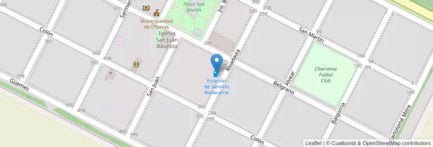 Mapa de ubicacion de Estación de Servicio Malacarne en アルゼンチン, コルドバ州, Departamento Juárez Celman, Pedanía Chucul, Municipio De Charras, Charras.