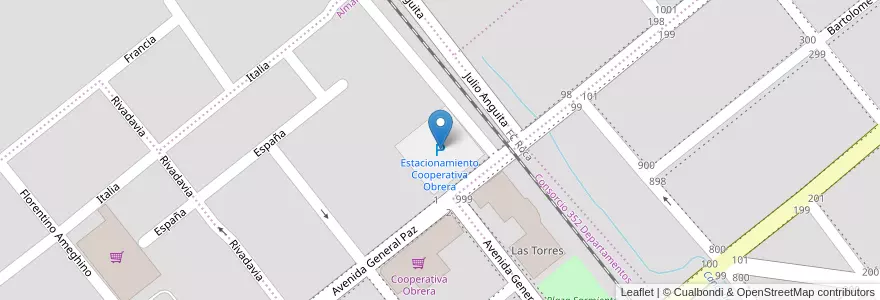 Mapa de ubicacion de Estacionamiento Cooperativa Obrera en Arjantin, Şili, Río Negro, Municipio De Cinco Saltos, Departamento General Roca.