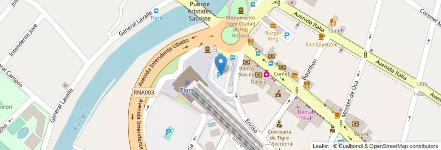 Mapa de ubicacion de Estacionamiento de la estación de trenes de Tigre en 아르헨티나, 부에노스아이레스주, Partido De Tigre, Tigre.