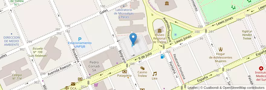 Mapa de ubicacion de Estacionamiento UNPSJB en 아르헨티나, Chubut, Trelew, Departamento Rawson.