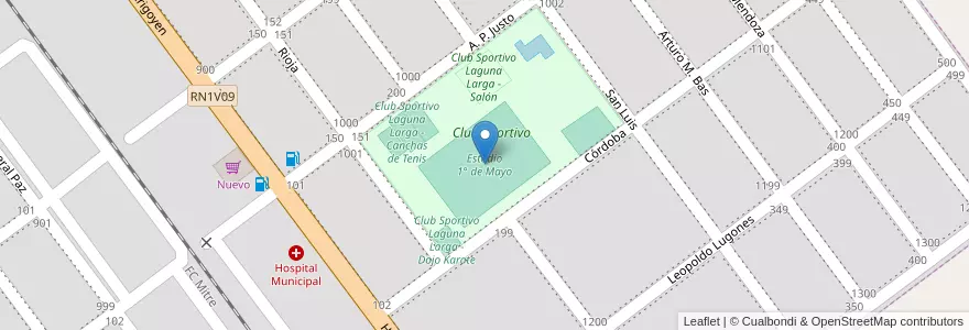 Mapa de ubicacion de Estadio 1° de Mayo en 아르헨티나, Córdoba, Departamento Río Segundo, Pedanía Pilar, Municipio De Laguna Larga.
