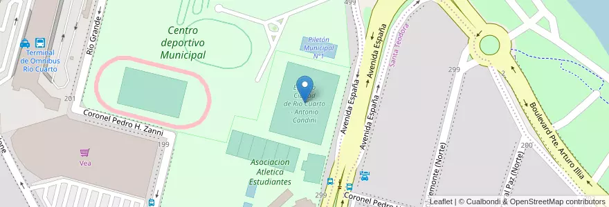 Mapa de ubicacion de Estadio Ciudad de Rio Cuarto - Antonio Candini en アルゼンチン, コルドバ州, Departamento Río Cuarto, Pedanía Río Cuarto, Municipio De Río Cuarto, Río Cuarto.