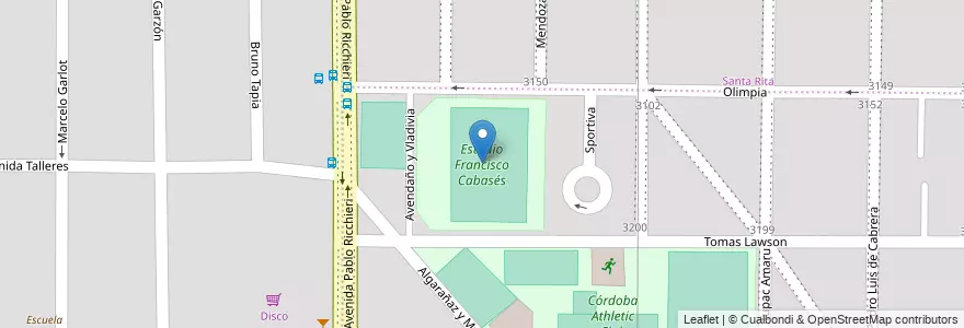 Mapa de ubicacion de Estadio Francisco Cabasés en Argentine, Córdoba, Departamento Capital, Pedanía Capital, Córdoba, Municipio De Córdoba.