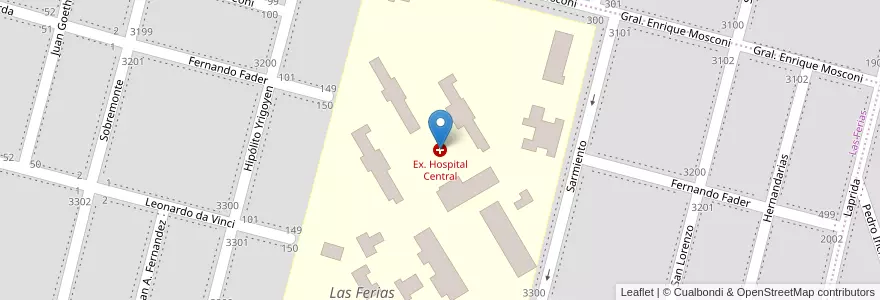 Mapa de ubicacion de Ex. Hospital Central en Arjantin, Córdoba, Departamento Río Cuarto, Pedanía Río Cuarto, Municipio De Río Cuarto, Río Cuarto.