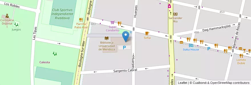 Mapa de ubicacion de Facultad de Arquitectura, Urbanismo y Diseño - UM en Argentine, Chili, Mendoza, Departamento Capital, Ciudad De Mendoza, Sección 5ª Residencial Sur.