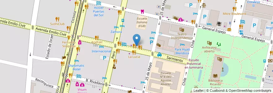 Mapa de ubicacion de Facundo Parrilla en 아르헨티나, 칠레, Mendoza, Departamento Capital, Sección 2ª Barrio Cívico, Ciudad De Mendoza.