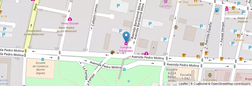 Mapa de ubicacion de Famacia Tribunales en 阿根廷, 智利, Mendoza, Departamento Capital, Sección 2ª Barrio Cívico, Ciudad De Mendoza.