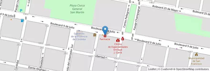 Mapa de ubicacion de Farmacia en 아르헨티나, Córdoba, Departamento San Justo, Pedanía Juárez Celman, Municipio De San Francisco, San Francisco.