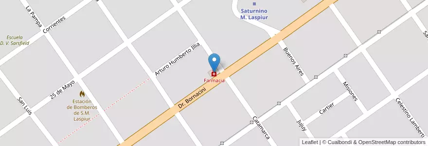 Mapa de ubicacion de Farmacia en Argentinië, Córdoba, Departamento San Justo, Pedanía Juárez Celman, Municipio De Saturninio María Laspiur, Saturnino M. Laspiur.