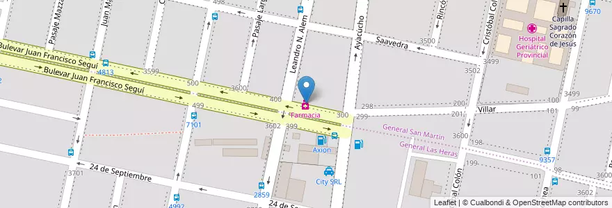 Mapa de ubicacion de Farmacia en آرژانتین, سانتافه, Departamento Rosario, Municipio De Rosario, تسبیح.