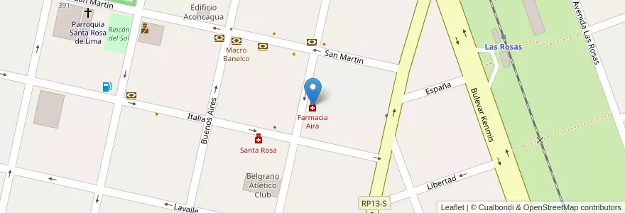 Mapa de ubicacion de Farmacia Aira en Argentinië, Santa Fe, Departamento Belgrano, Municipio De Las Rosas.