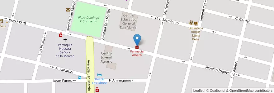 Mapa de ubicacion de Farmacia Alberti en الأرجنتين, Córdoba, Departamento Río Cuarto, Pedanía Cautiva, Municipio De Adelia María, Adelia María.