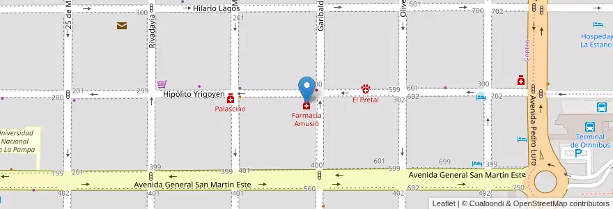 Mapa de ubicacion de Farmacia Amusin en Argentinien, La Pampa, Municipio De Santa Rosa, Departamento Capital, Santa Rosa.