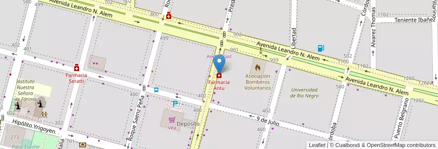 Mapa de ubicacion de Farmacia Antu en アルゼンチン, チリ, リオネグロ州, Cipolletti, Departamento General Roca.