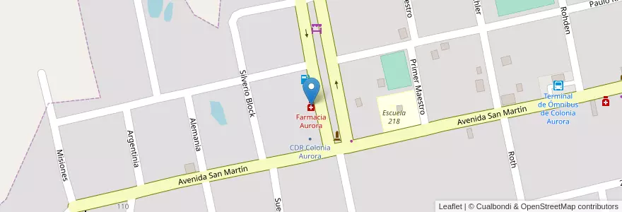 Mapa de ubicacion de Farmacia Aurora en 아르헨티나, Misiones, Departamento Veinticinco De Mayo, Municipio De Colonia Aurora, Colonia Aurora.