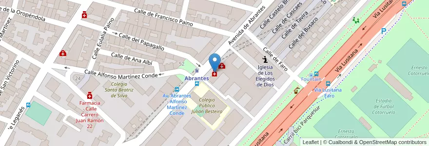 Mapa de ubicacion de Farmacia - Avenida Abrantes 57 en İspanya, Comunidad De Madrid, Comunidad De Madrid, Área Metropolitana De Madrid Y Corredor Del Henares, Madrid.