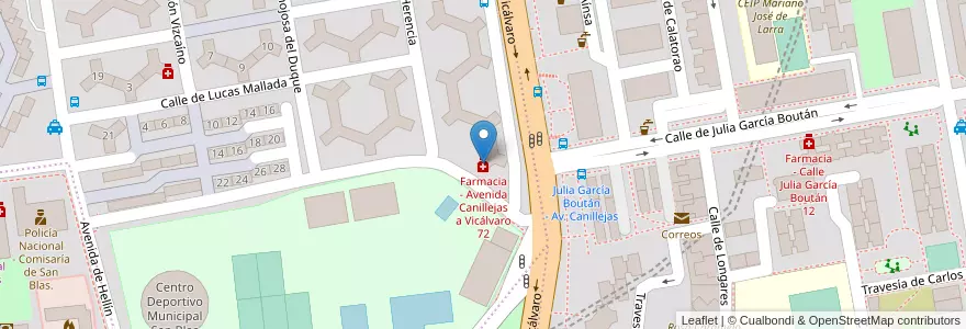 Mapa de ubicacion de Farmacia - Avenida Canillejas a Vicálvaro 72 en 스페인, Comunidad De Madrid, Comunidad De Madrid, Área Metropolitana De Madrid Y Corredor Del Henares, 마드리드.