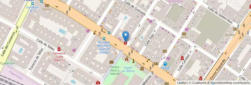 Mapa de ubicacion de Farmacia - Avenida Ciudad de Barcelona 53 en Испания, Мадрид, Мадрид, Área Metropolitana De Madrid Y Corredor Del Henares, Мадрид.