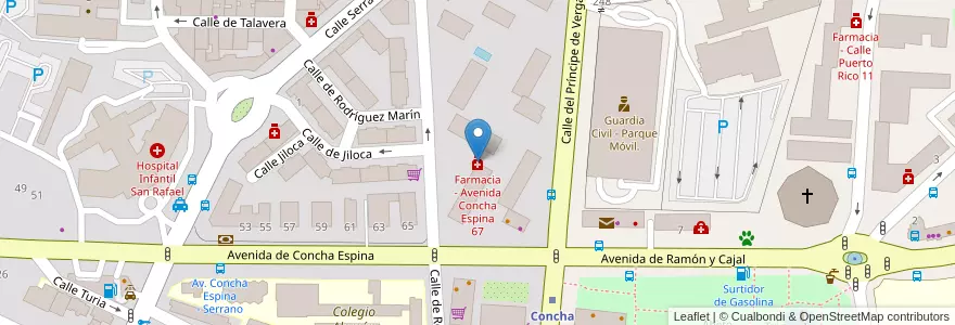 Mapa de ubicacion de Farmacia - Avenida Concha Espina 67 en Spain, Community Of Madrid, Community Of Madrid, Área Metropolitana De Madrid Y Corredor Del Henares, Madrid.