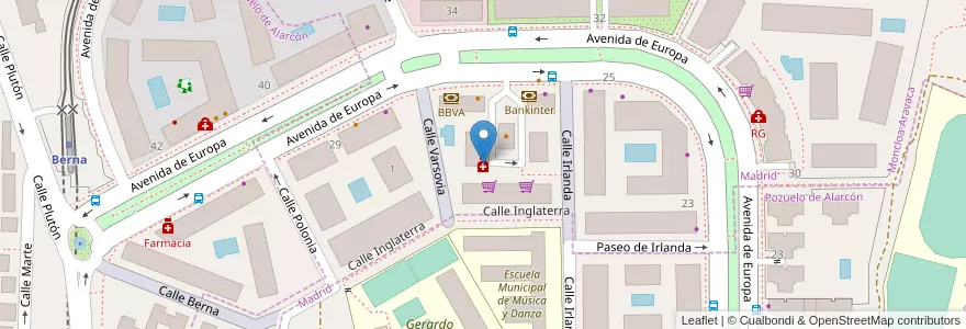Mapa de ubicacion de Farmacia - Avenida de Europa, 27 en اسپانیا, بخش خودمختار مادرید, بخش خودمختار مادرید, Área Metropolitana De Madrid Y Corredor Del Henares, Pozuelo De Alarcón.
